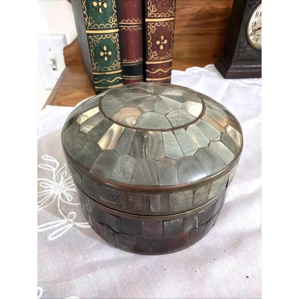 Vintage Brass And Mother Of Pearl Inlaid Trinket Box Storage Neutral Colors 4”